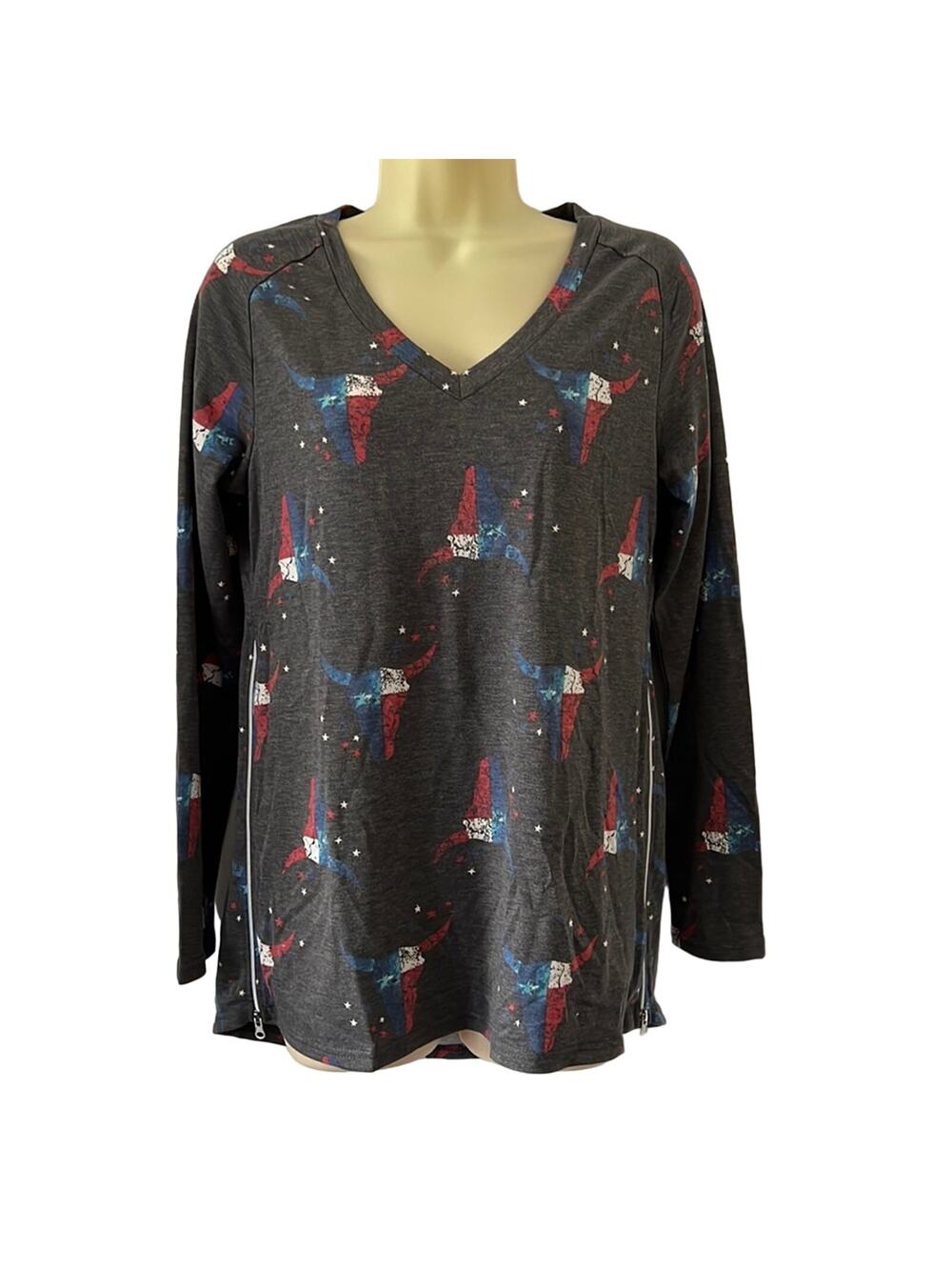 PrinStory Gray Patriotic Print Long Sleeve Knit Top NWT